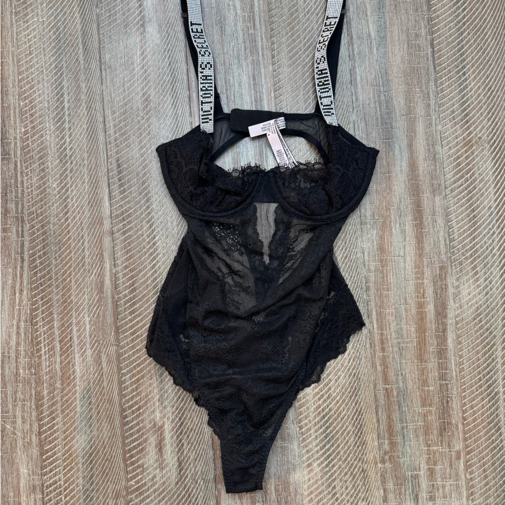 Victoria's Secret Black Lace Shine Strap Bodysuit/Teddy